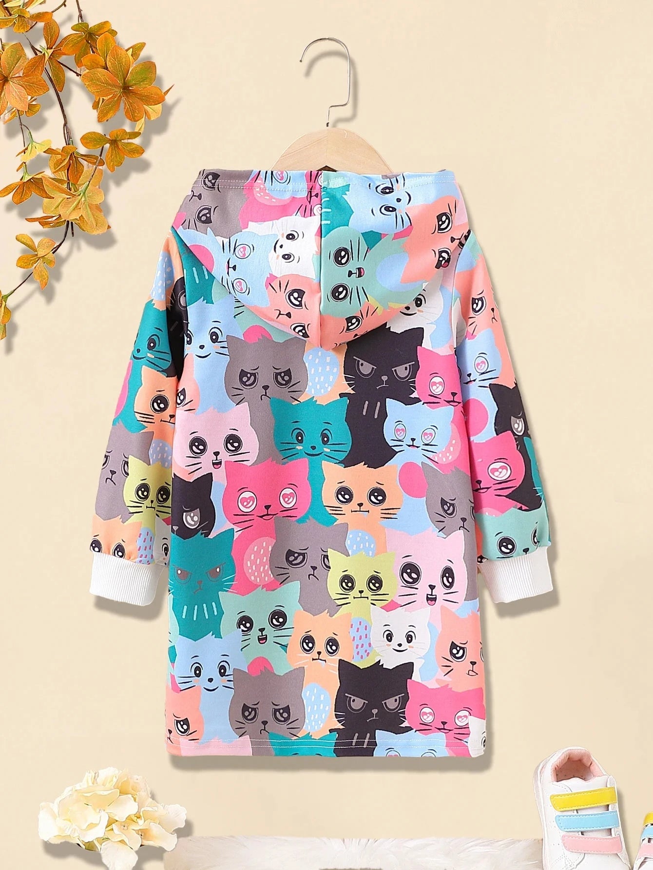 Cute Pink Kitty Graphic Girls' Long Sleeve Cartoon Hoodie Dress, Casual Lightweight Comfy Fit Kids Tops GlowCart