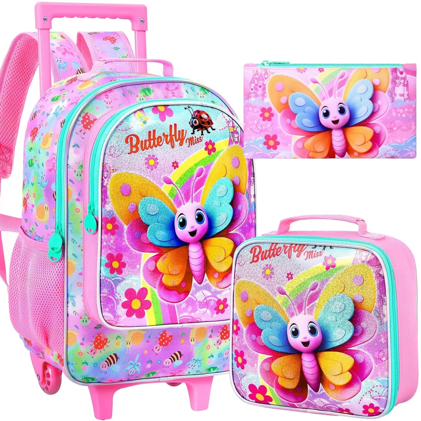 3PCS Rolling Backpack for Girls and Boys, Kids Roller Wheels Bookbag, Wheeled Elementary School Bag with Lunch Bag GlowCart