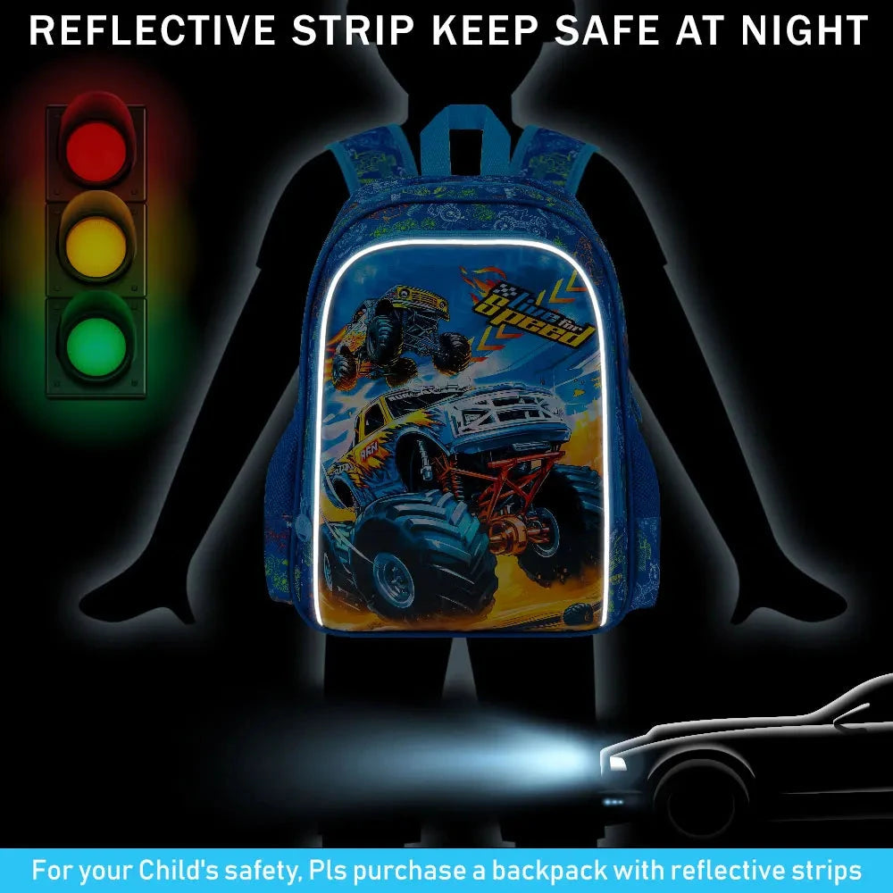 3PCS Boys Truck Backpack, Kids Car Bookbag with Lunch Box, Water Resistant School Bag for Elementary Preschool Toddler GlowCart