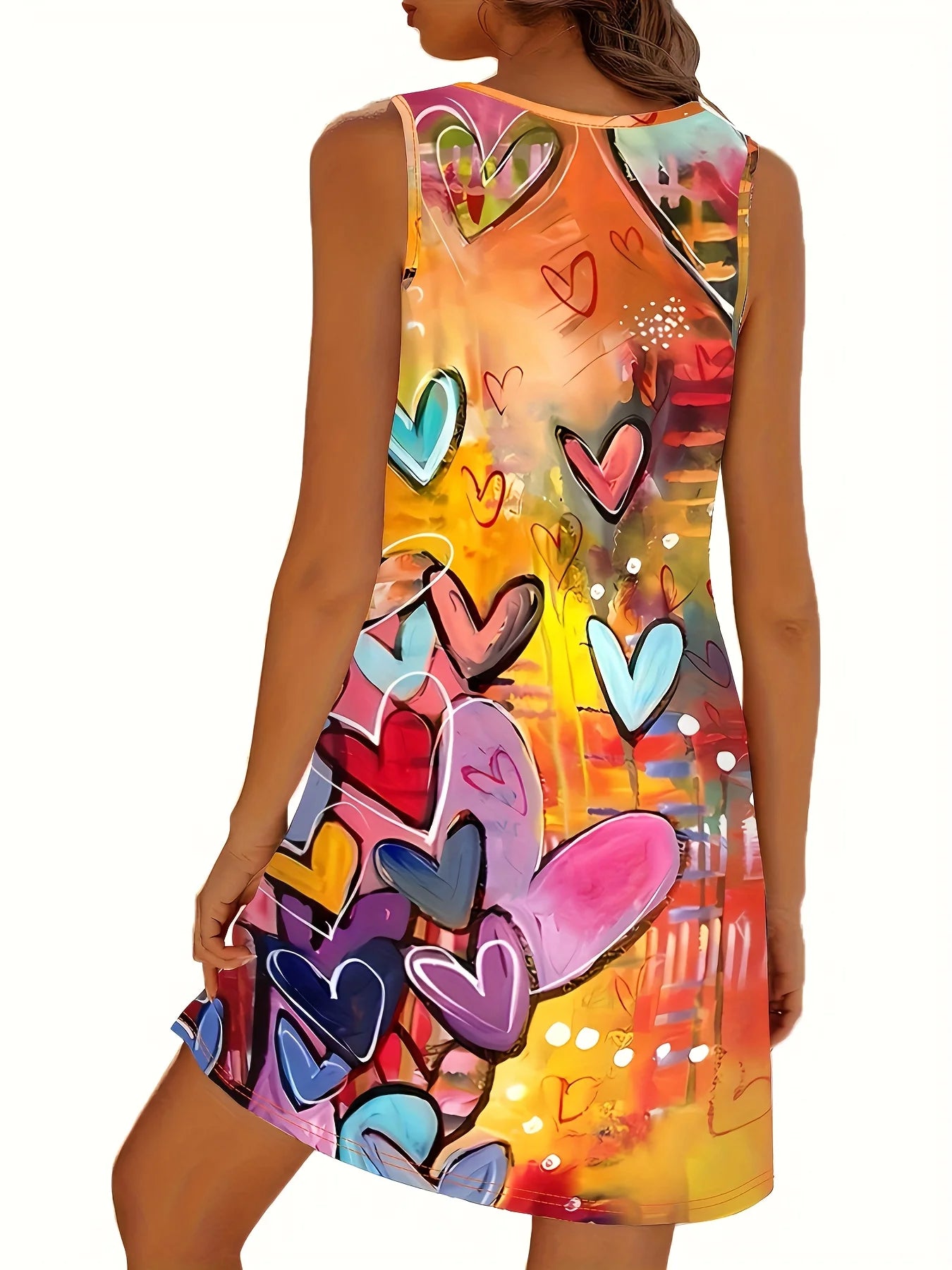 Summer Round Neck Sleeveless Elegant Love Dress Women'S Apparel Colored Geometric Heart Bohemian Women's Dress Female Clothing GlowCart