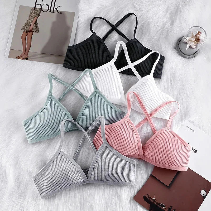 Women Sports Bra Comfort Cotton Bras For Women Thin French Style Bralette Sexy Deep V Triangle Cup Cross Tank Top Bra Yoga Gym GlowCart