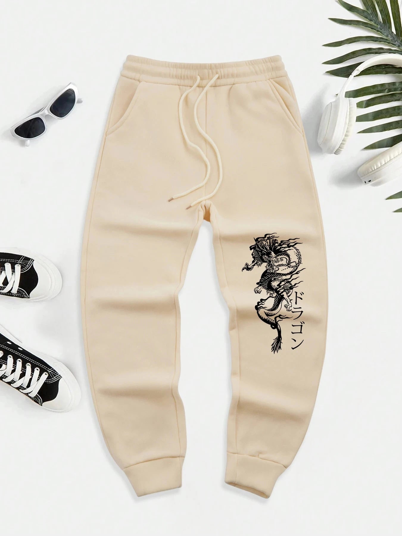Japanese Word And Dragon Print Men New Warm Pants Fleece GlowCart