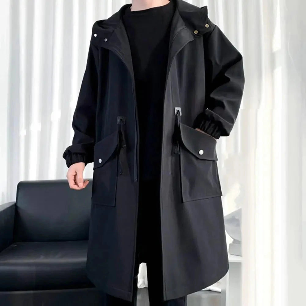 Waterproof Long Black Raincoat Men Rain Coat Hooded Trench GlowCart