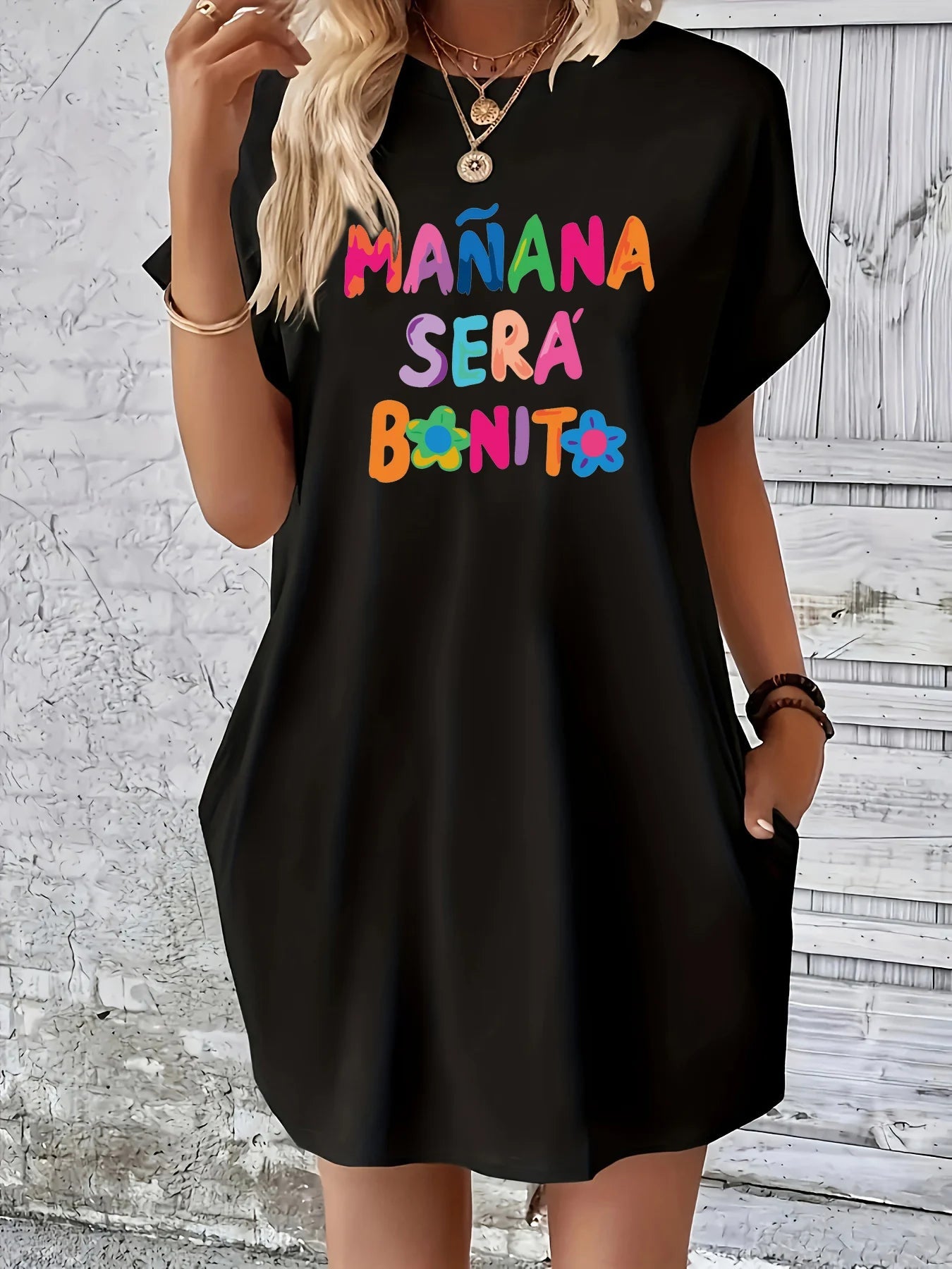 Women's MANANA letter print loose short sleeved round neck pocket summer Women's Dress Casual plus size casual dress GlowCart