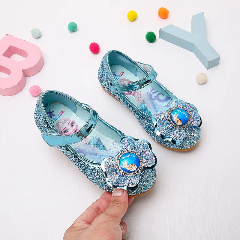 Disney Frozen Princess Elsa Cartoon Soft Sole Sandals Baby Girl Princess Shoes Crystal Shoes Children Flat Girl Leather Shoes GlowCart