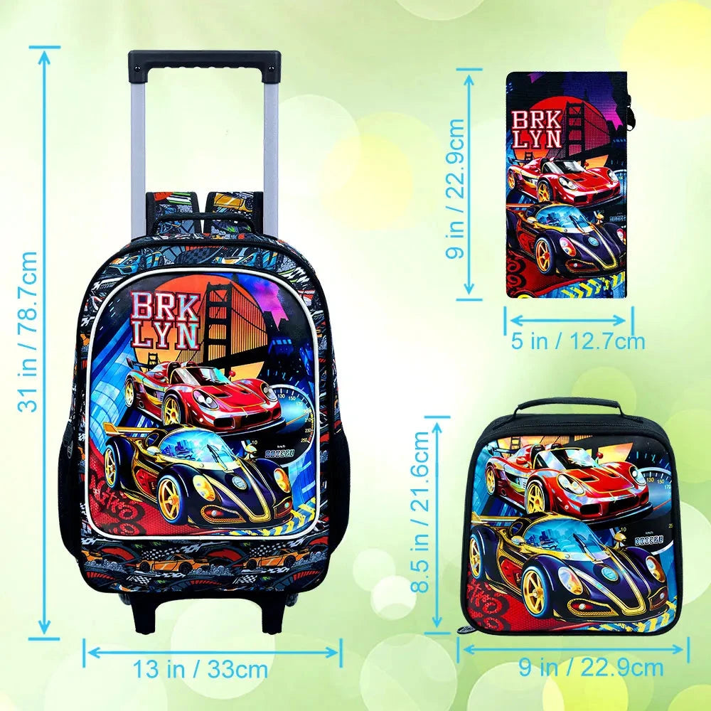 3PCS Rolling Backpack for Girls and Boys， Kids Race Wheeled Bookbag GlowCart