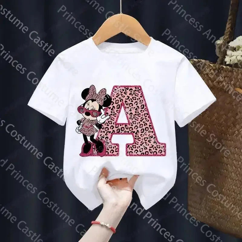 Letter A-Z Minnie Children  T-Shirts Name Combination Disney Kawaii Cartoons Clothes Kids Little Boy Girl Tee Shirts Casua GlowCart