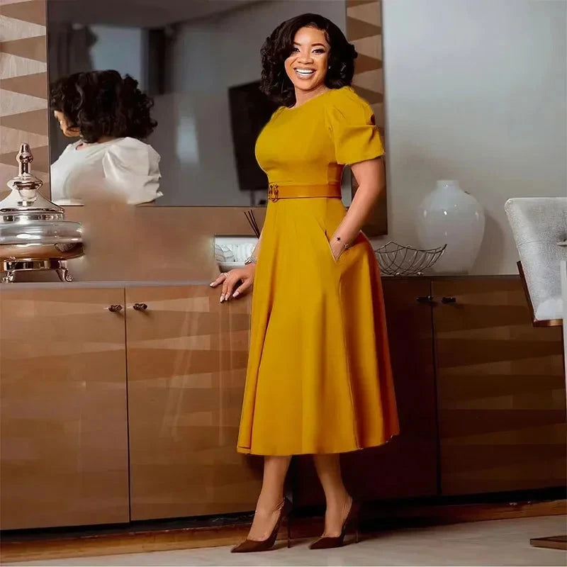 Ladies Office Dresses Women Formal Work O-Neck Puff Sleeve GlowCart