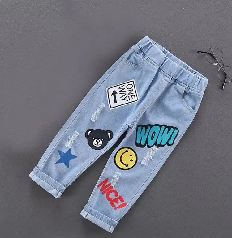 Children Jeans  Boys Cotton Print Splice Stretch Denim Pants Korean Teenage Trousers Wear Kids ClothingDenimRipped Spring Autum GlowCart