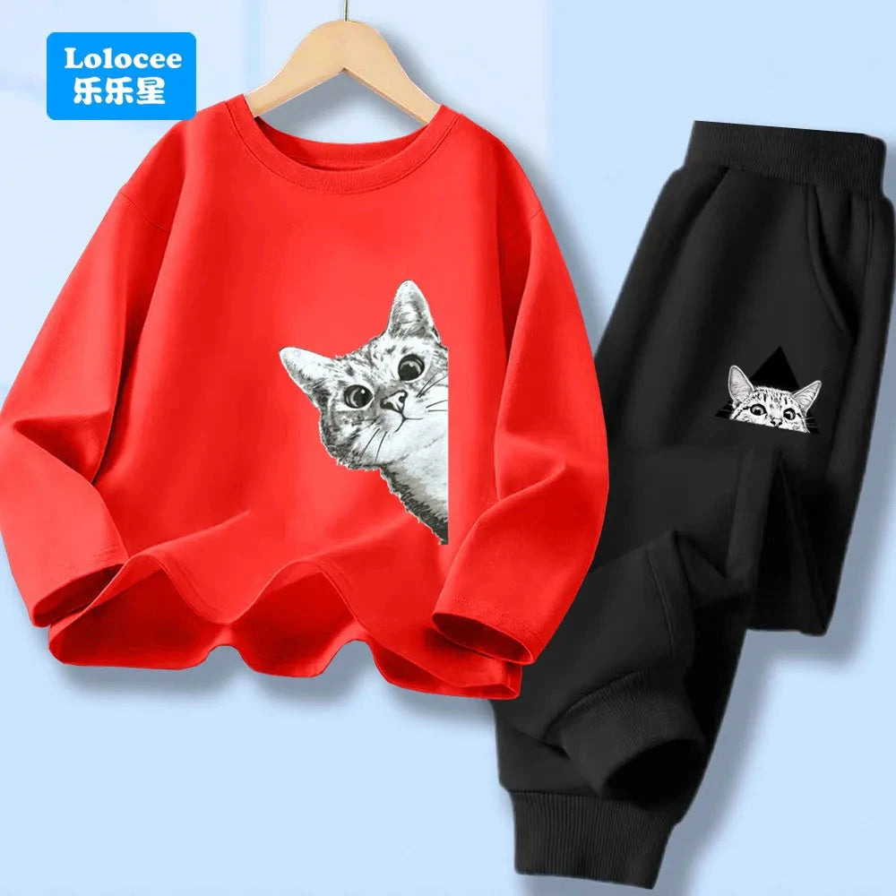 Spring Autumn Baby Boys Clothes Sets Kids Funny Cat Print Long Sleeve T-shirt Tops+ Pants Suits Boys' Tracksuit CLM1 GlowCart