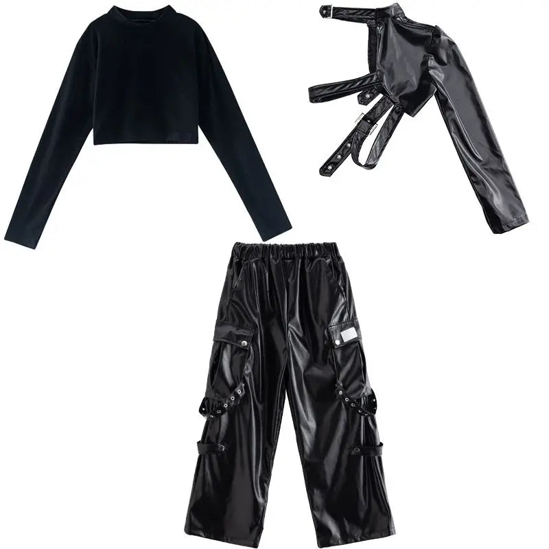 Jazz Dance Girls Clothes Kids Hip Hop Dance Costume Black Leather Crop Tops Hiphop Pants Catwalk Performance Clothing BL13600 GlowCart