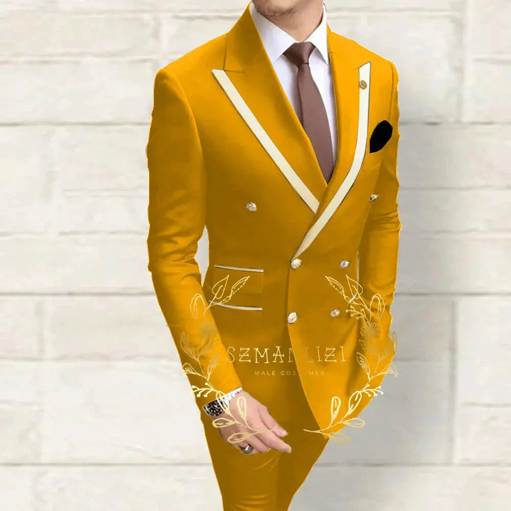 Double Breasted Men's Suits Navy Blue Peaked Lapel Slim Fit GlowCart