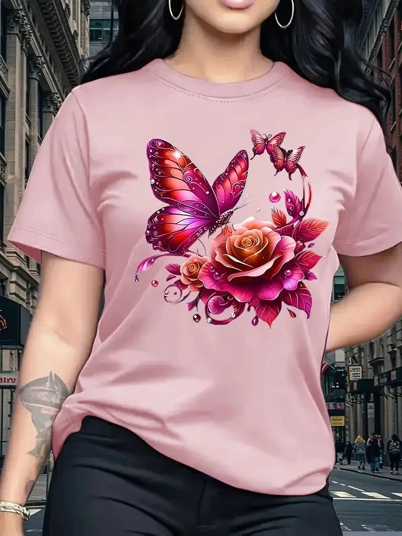 Women's Rose Butterfly Print Fashion Casual T-Shirt Short GlowCart