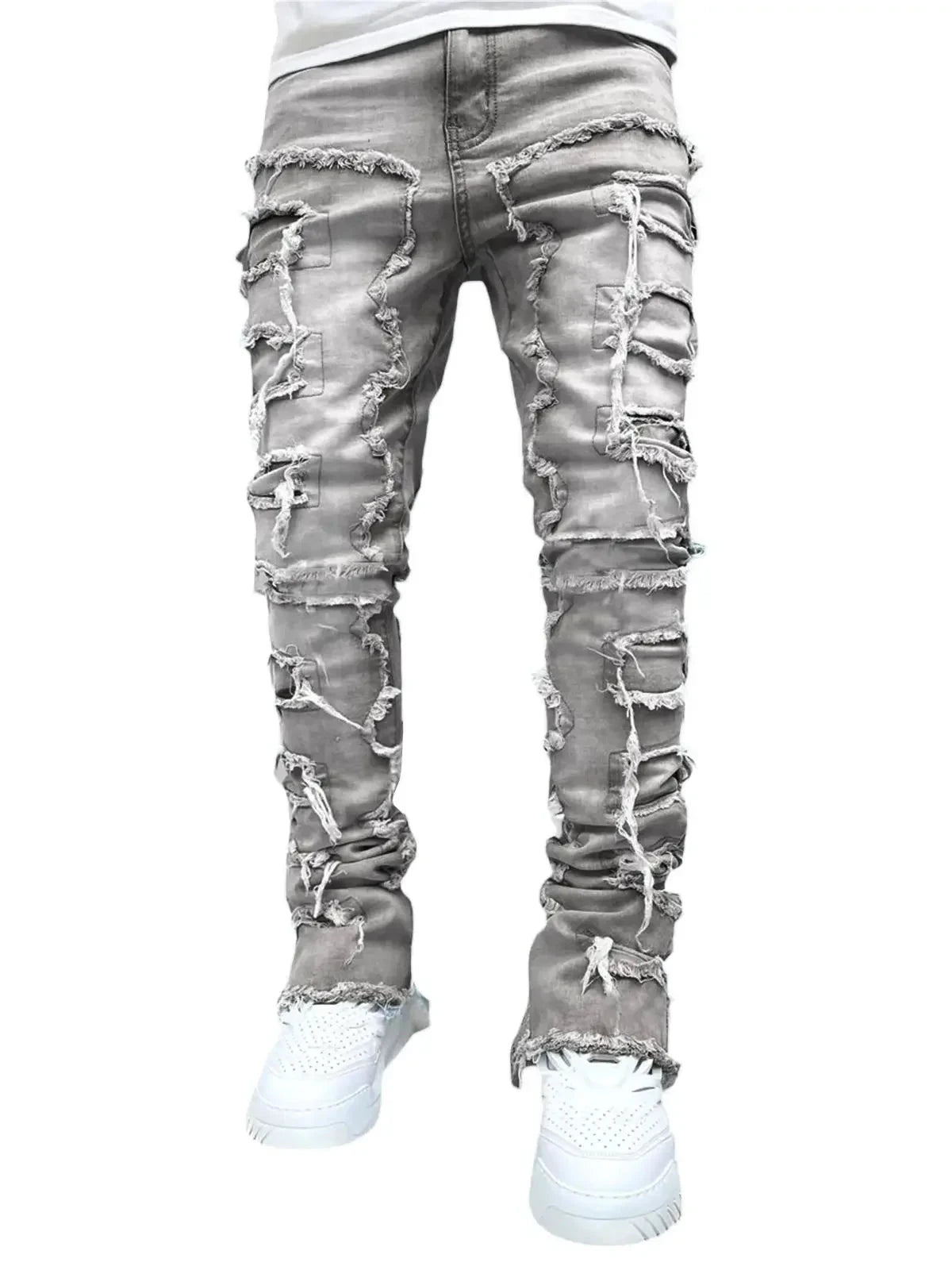 Men's Regular Fit Stacked Jeans Ripped Slim Fit Patch GlowCart