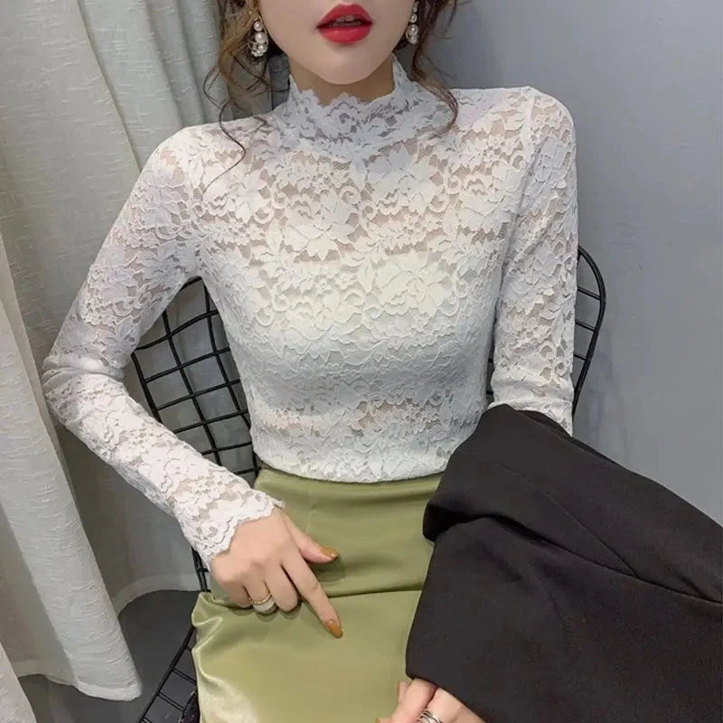 Autumn Fashion Slim Lace Hollow Out Net Yarn Solid Color GlowCart