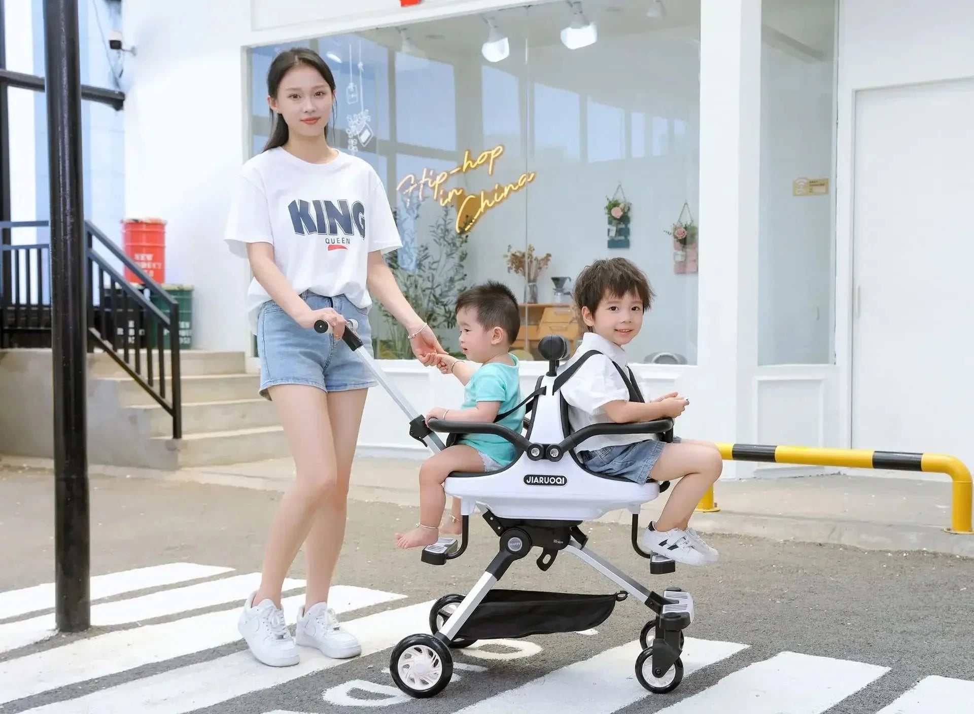 Double Baby Stroller Trolley Car Portable Folding Stroller Two Kids Child Trolley Pushchair Baby Light Stroller with Parasol GlowCart