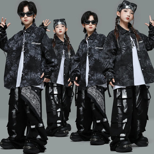Kids Hip Hop Clothing Shiny Black Coat Top Black Street Jogger Pants for Girls Boys Jazz Dance Costume Clothes GlowCart
