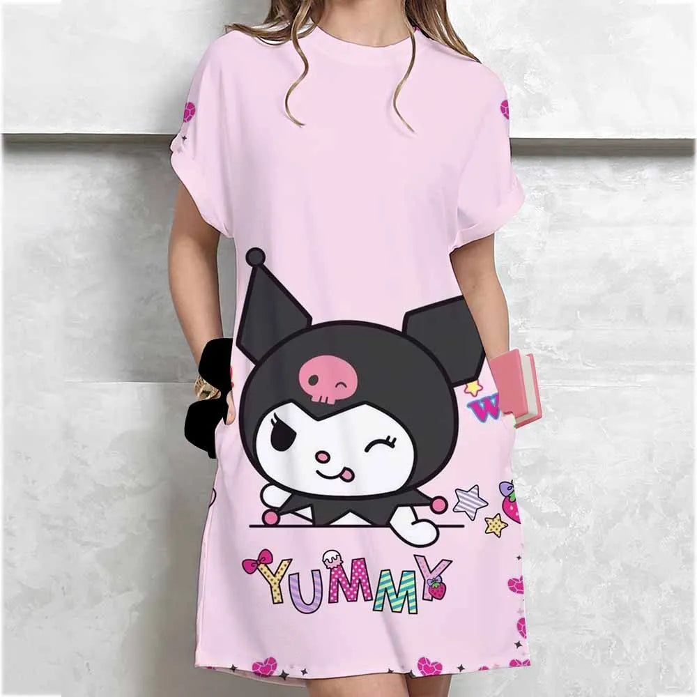 Women's long tshirt dress summer fashion girl Hello Kitty print oversized casual round neck short sleeved mini T-shirt dress ﻿ GlowCart