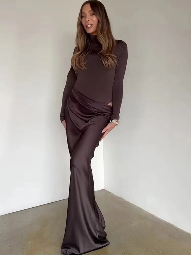JULISSA MO Turtleneck Satin Sexy Hollow Out Zipper Women Maxi Dress Black Patchwork Long Sleeve Slim Elegant Party Evening Dress GlowCart