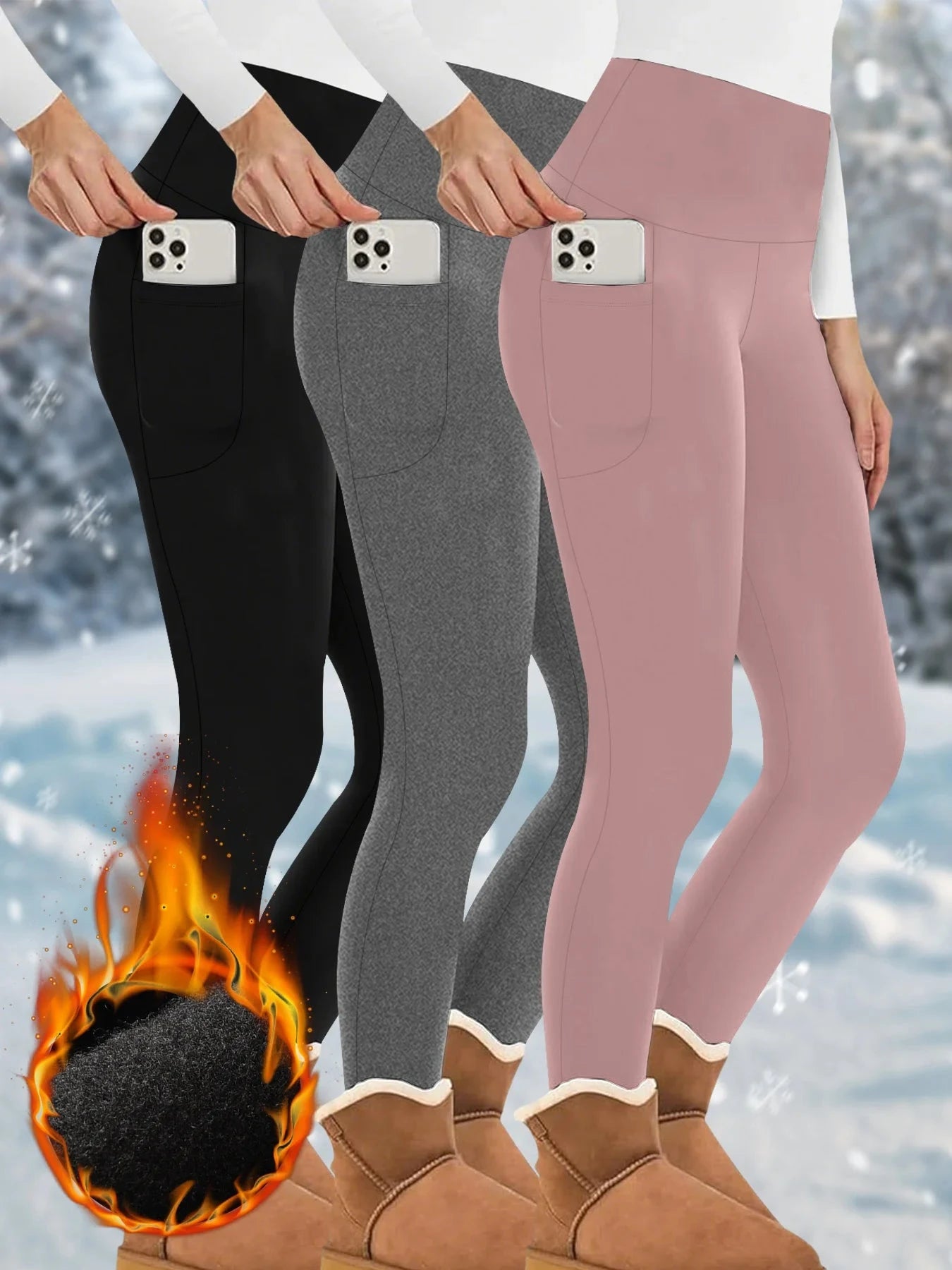 3 Pack Womens Thermal Fleece Lined High Waisted with pockets GlowCart