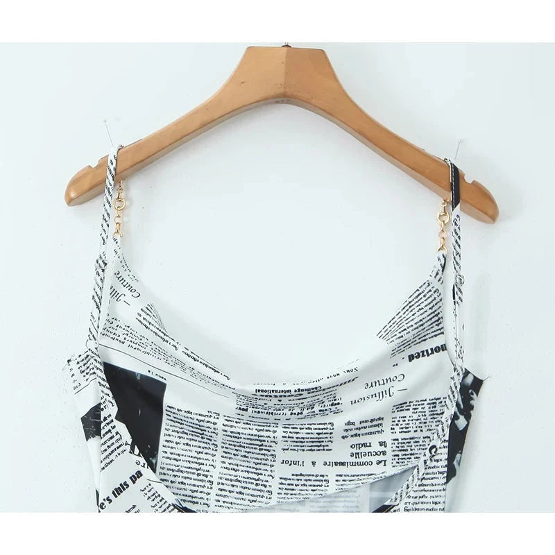 YENKYE New Women Newspaper Letter Print Irregular Hem Sling GlowCart