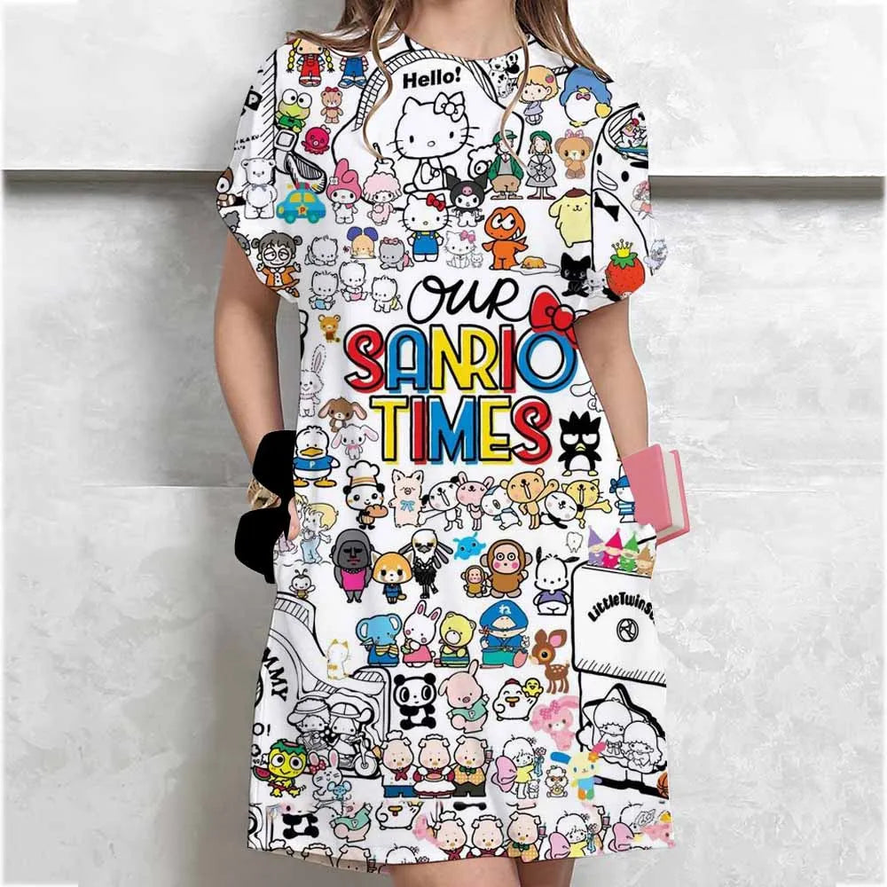 Women's long tshirt dress summer fashion girl Hello Kitty print oversized casual round neck short sleeved mini T-shirt dress ﻿ GlowCart