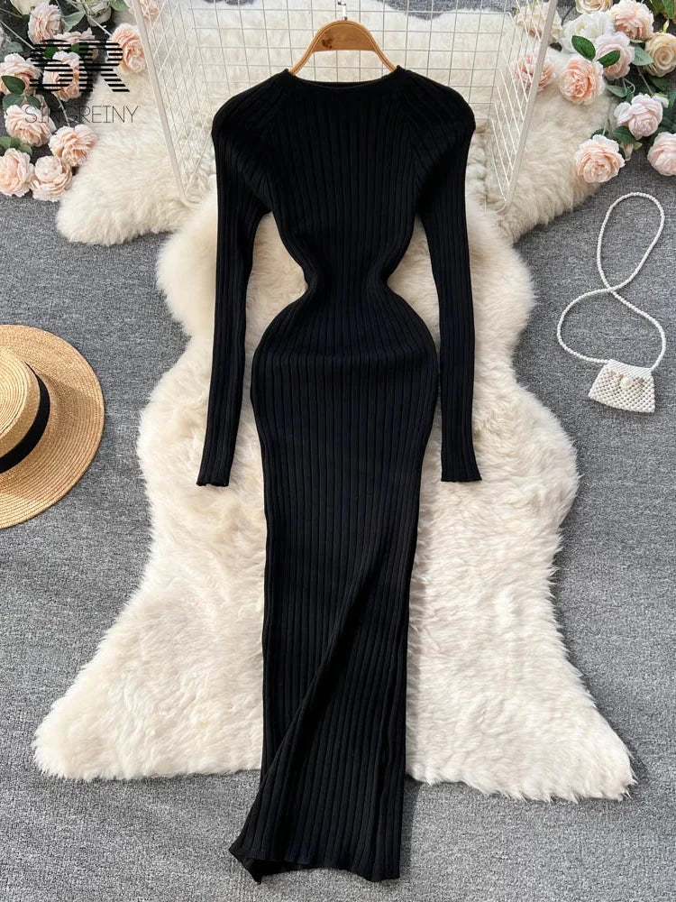SINGREINY Winter Women Knit Maxi Dress O Neck Autumn Long GlowCart