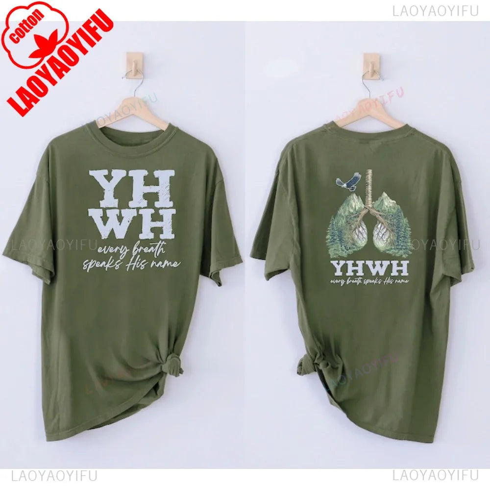 YHWH Womens T-shirt Short Sleeve Summer Casual Fashion Tops Cotton Tee Every Breath Speaks His Name Yahweh Tree Lungs Design Tee GlowCart