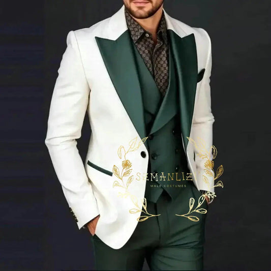 Ivory Jakcet Dark Green Vest Pant Men's 3-piece Suit Set GlowCart