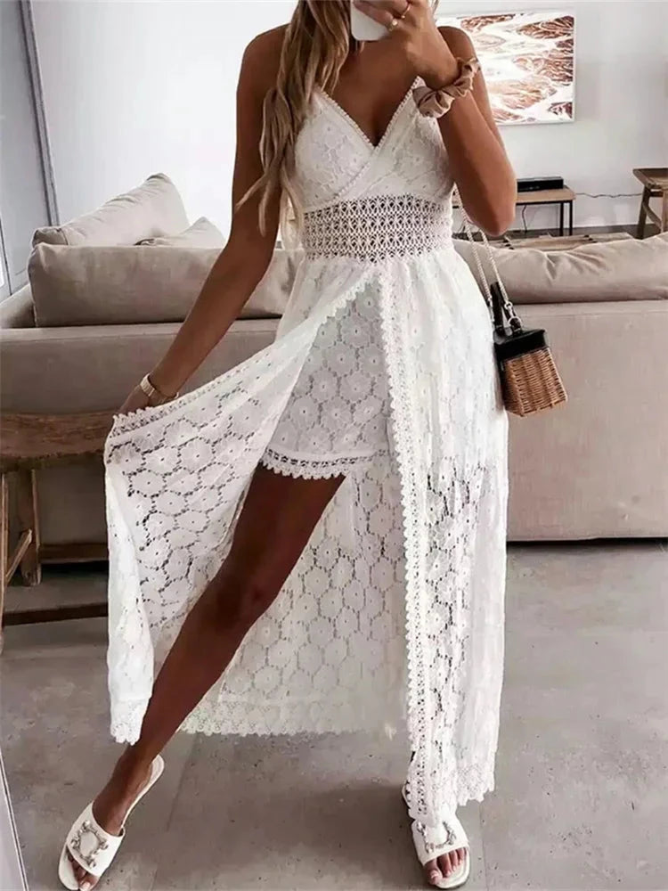 2025 Summer Women Lace Playsuit Dress Sleeveless V Neck GlowCart