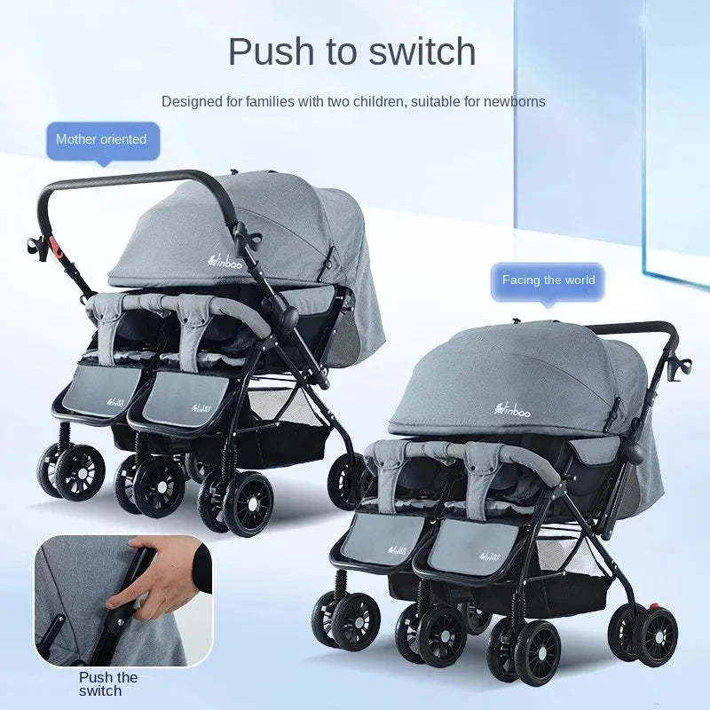 Baby Double Pushchair Ultra Lightweight Two-way Foldable Shock Absorbing Poussette Double Can Sit and Lie Down Twin Pram GlowCart