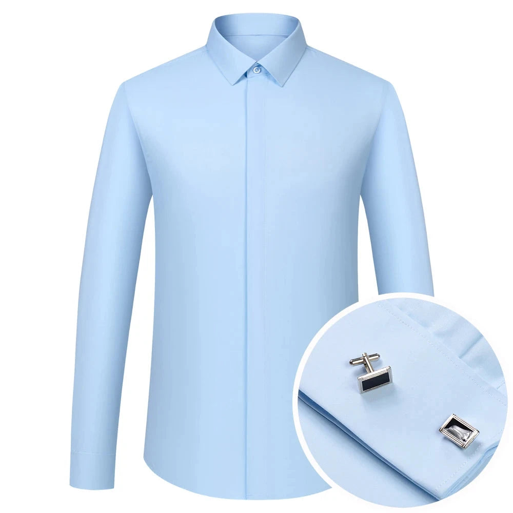 Men's Formal Long Sleeve Dressy Shirt Covered Buttons Front GlowCart