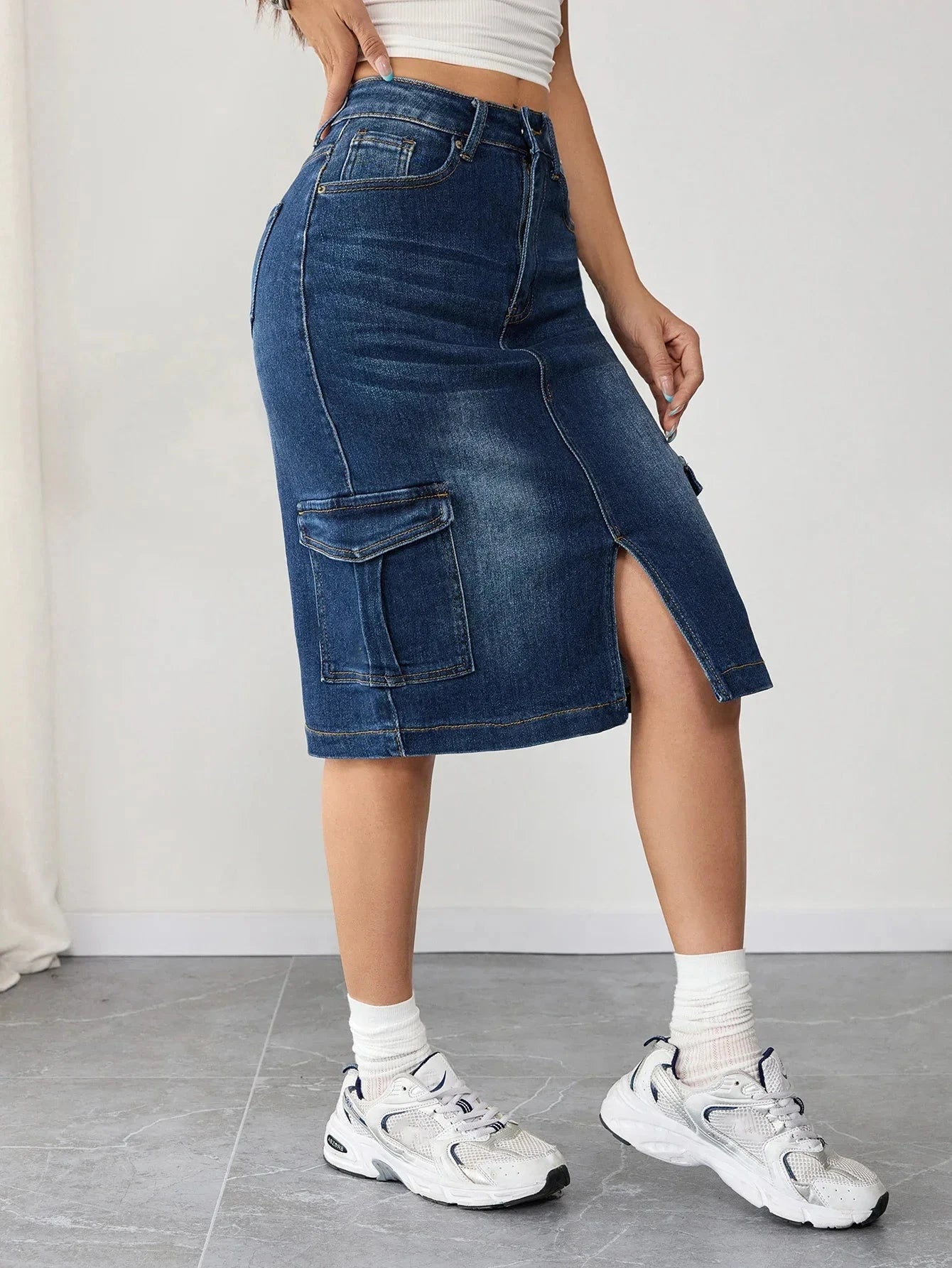 French Vintage Women's Cargo Denim Skirt Button Front Design High Waist Fashion Clothing Casual Outfit Elegant Feminine Style GlowCart