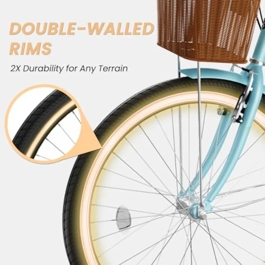 Womens Bike 7 Speed 24 26 inch Beach Cruiser Bikes for Women Step Through Adult Bicycle with Front Basket for City Commuting GlowCart