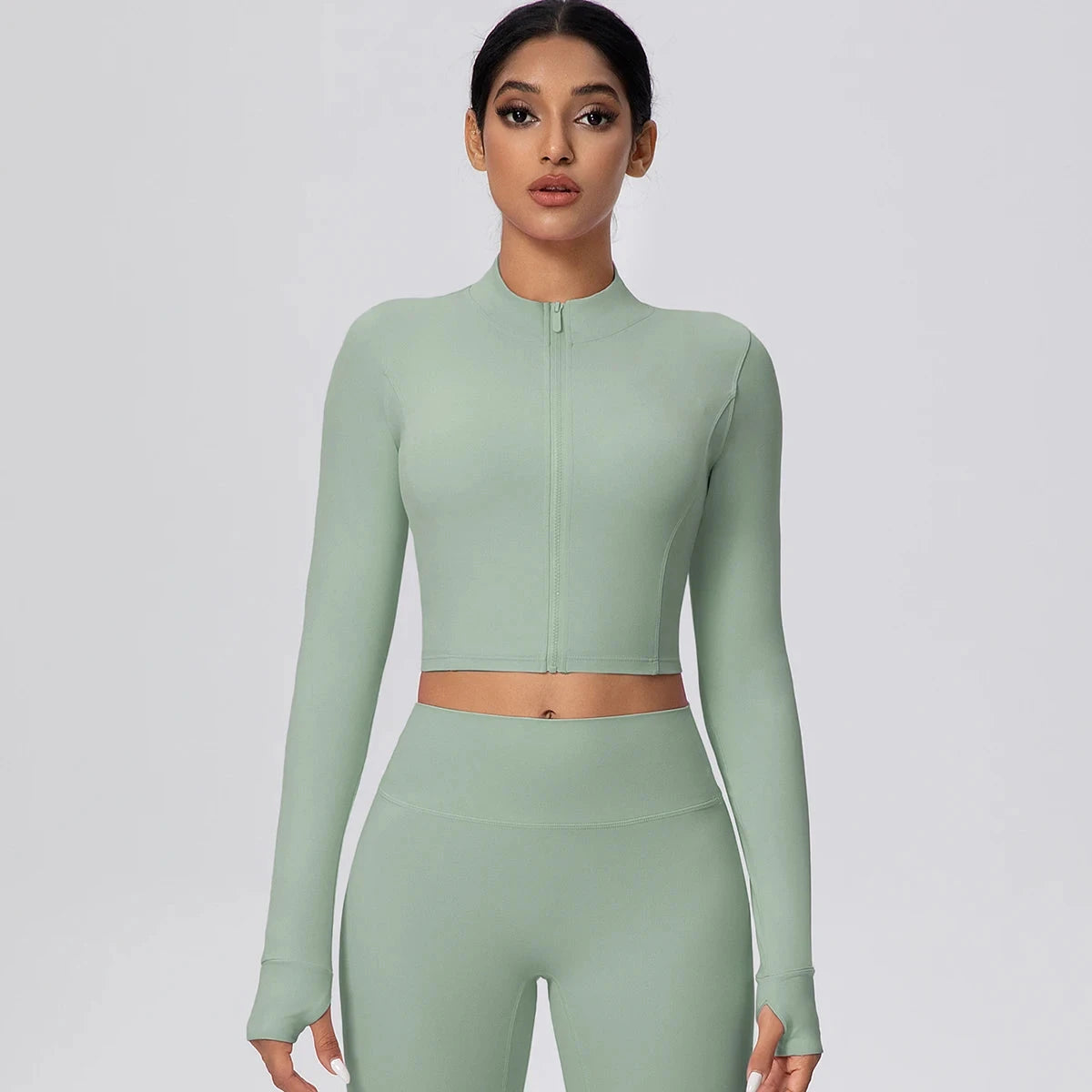 Woman Solid Color Slim Casual Zipper Long Sleeves Yoga Tight Naked Feel Sports Thumb Hole Gym Workout Top Running Yoga Jacket GlowCart