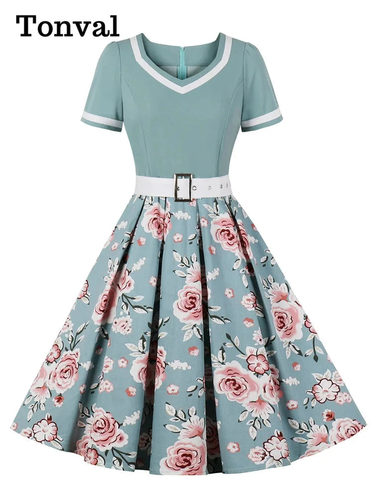 Tonval Vintage 50s Ladies Floral Pleated Rockabilly Dress GlowCart