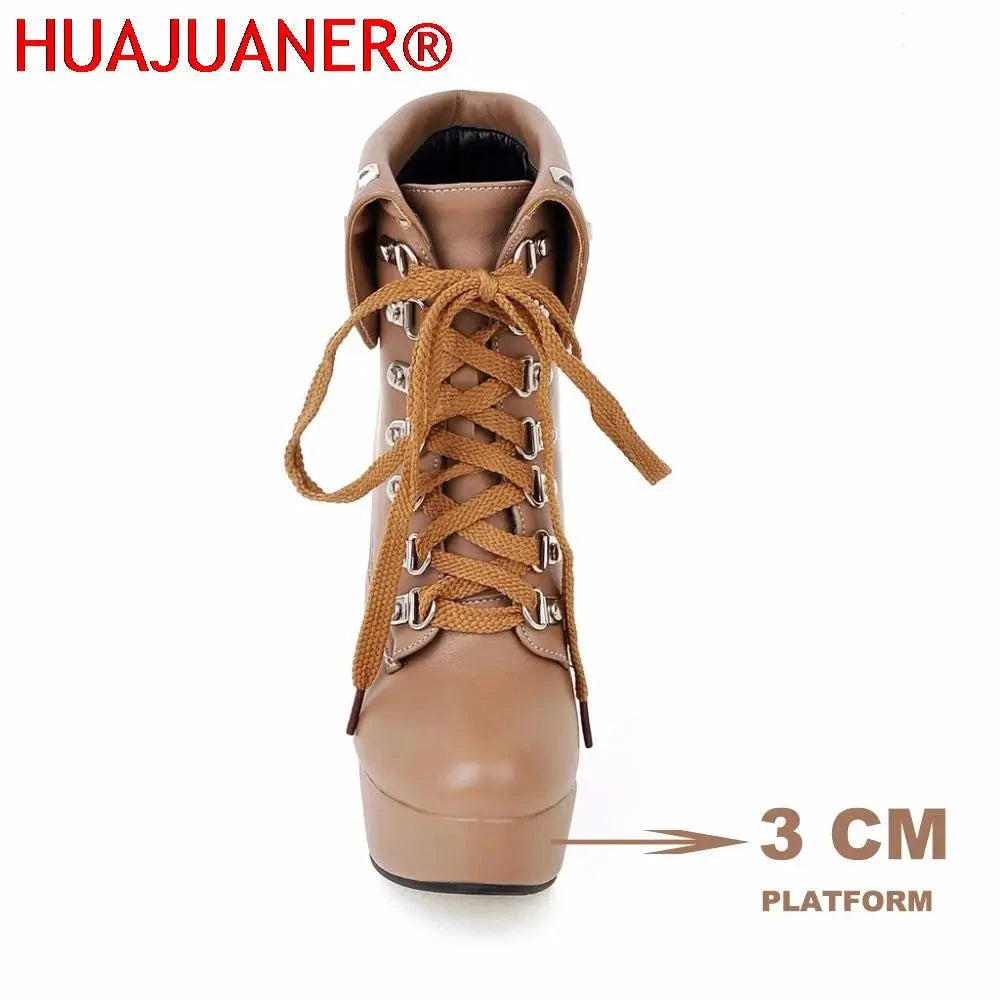 Winter Style Thick High Heels Rivets Lace Up Ankle Boots GlowCart