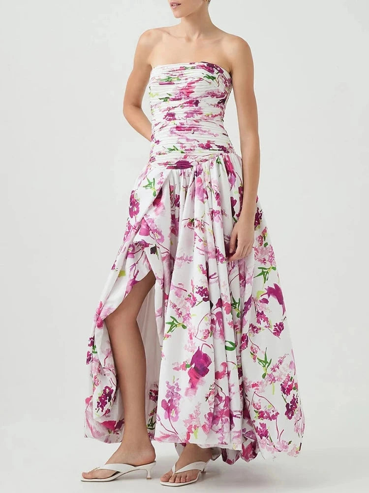 Sexy Strapless Printed Split Deign Long Bubble Dress Women GlowCart