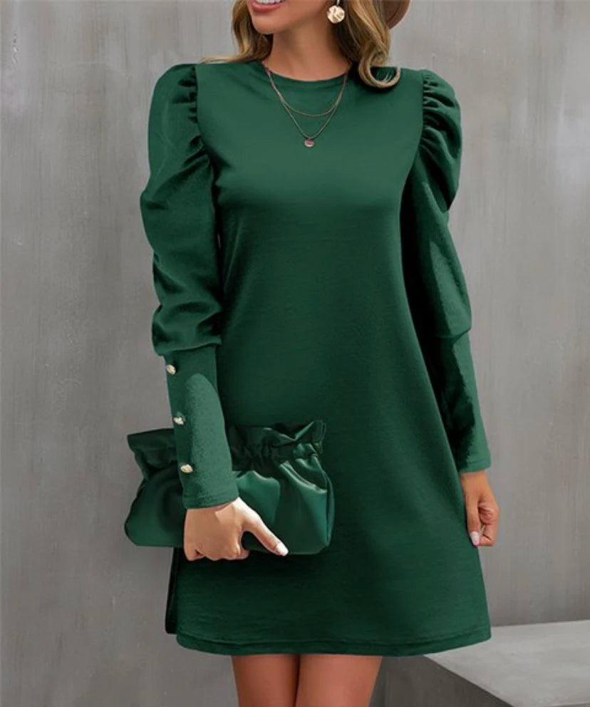 2024 European and American Cross-Border Women's Clothing Amazon Autumn and Winter New Pure Color Round Neck Puff Sleeve Button L GlowCart