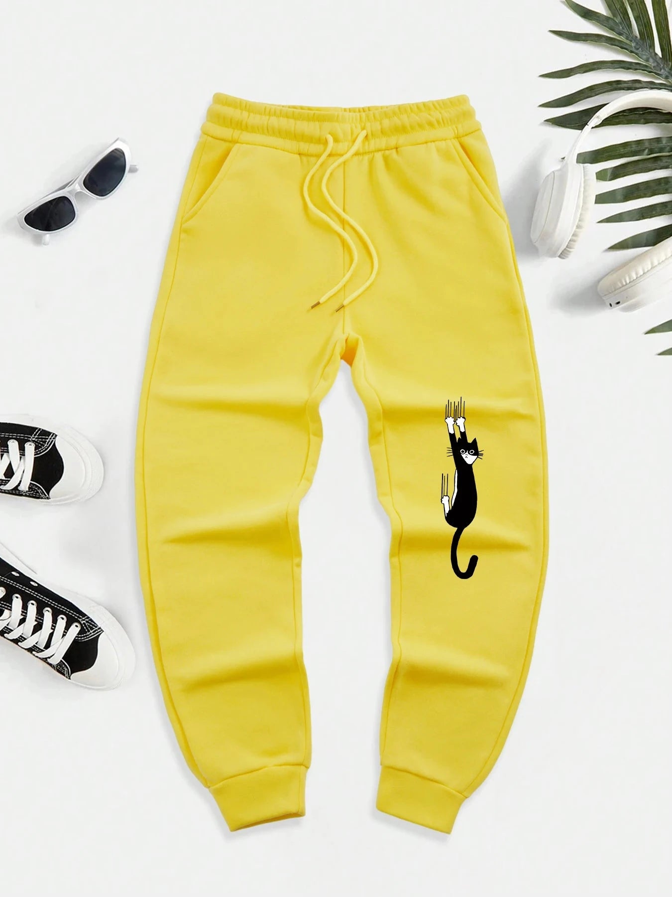 Black Cat Scratch Printed Men Autumn Warm Sweatpant Casual GlowCart