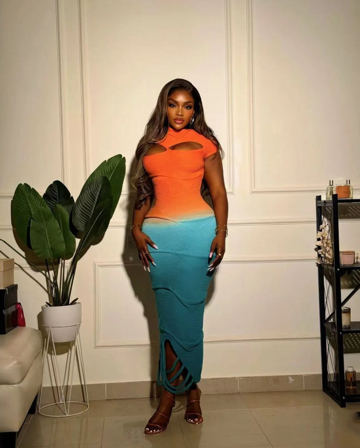 VEITCHE Fashion O-Neck Knitted Sweater Women Dress Pullover Sexy Gradient color Long dress 2025 New Spring Summer Maxi Dresses GlowCart