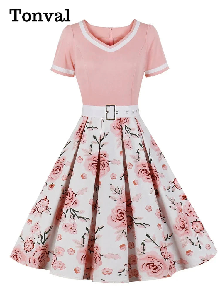 Tonval Vintage 50s Ladies Floral Pleated Rockabilly Dress GlowCart
