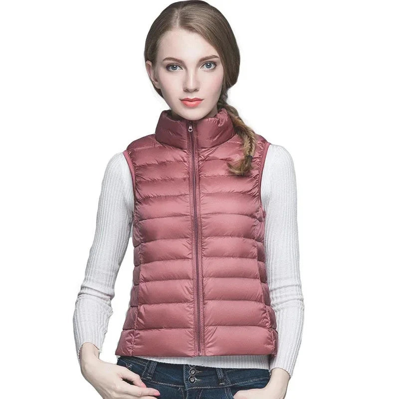 White Stand Collar Women's Sleeveless Down Vest Coat Winter GlowCart