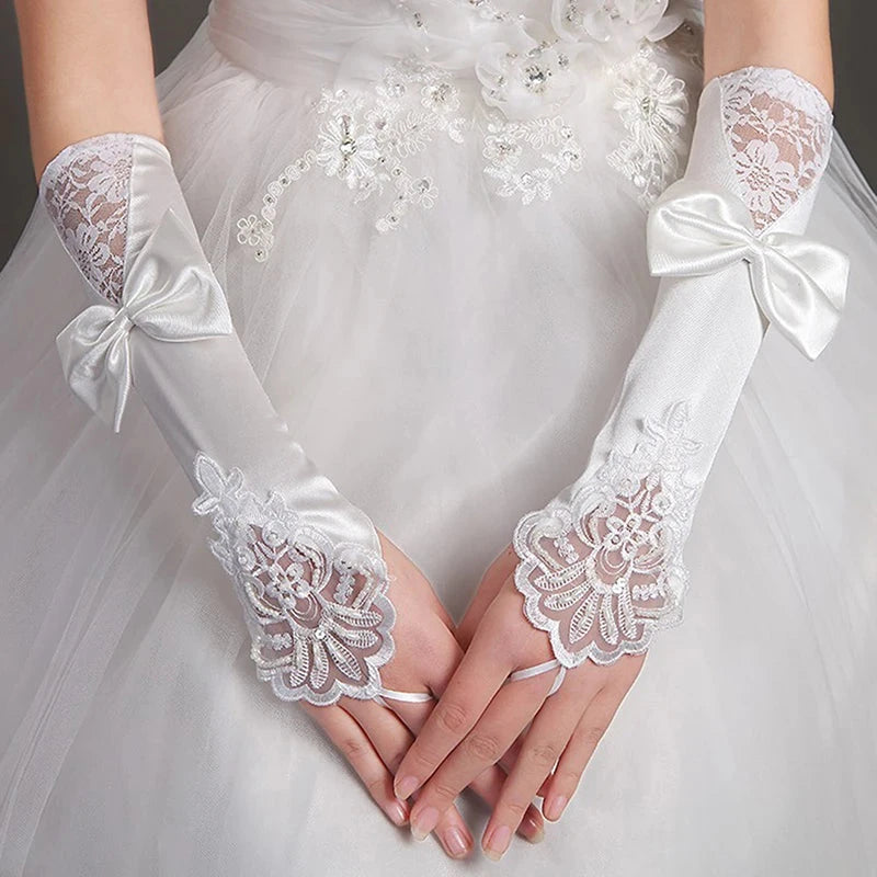 Elegant Ivory Lace Bridal Gloves with Rhinestone Bowknot GlowCart