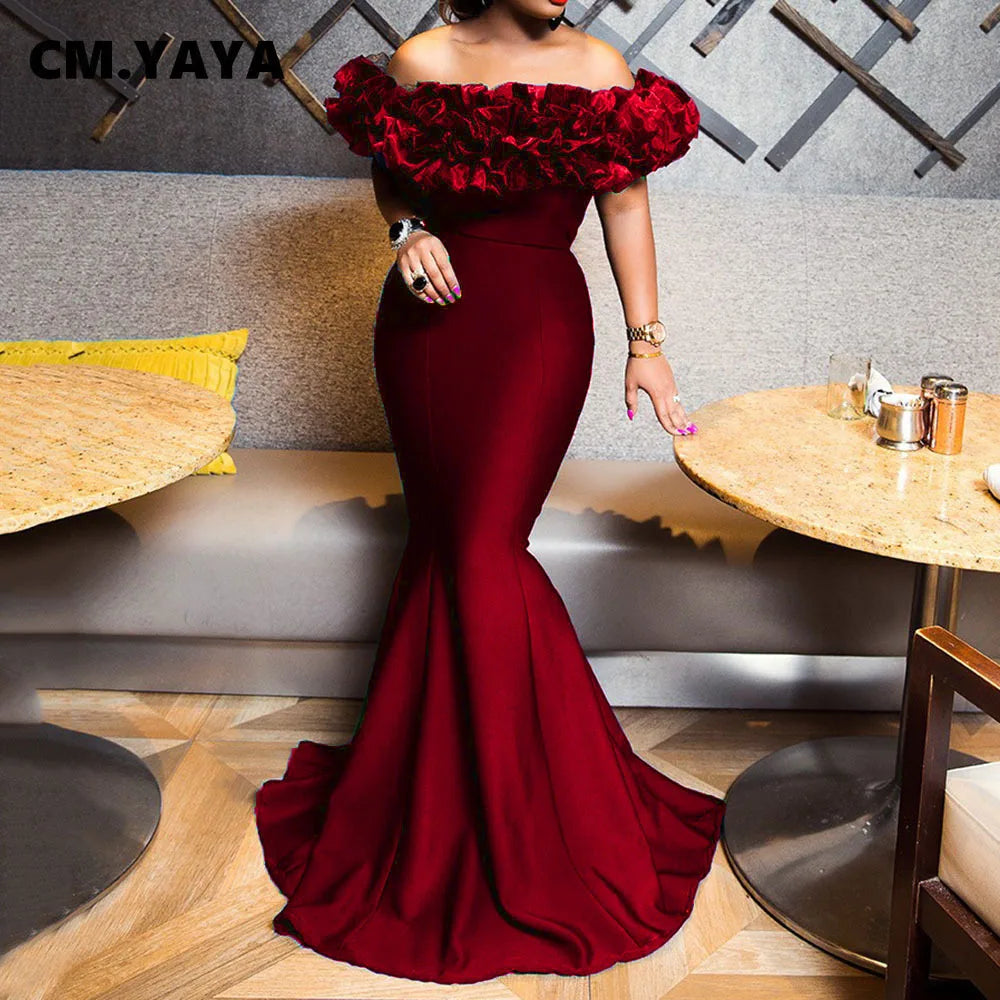 CM.YAYA Winter Women Slash Neck Sleeveless Ruffles Empire Dress Sexy Evening Party Night Mermaid Maxi Long Bandage Dresses GlowCart