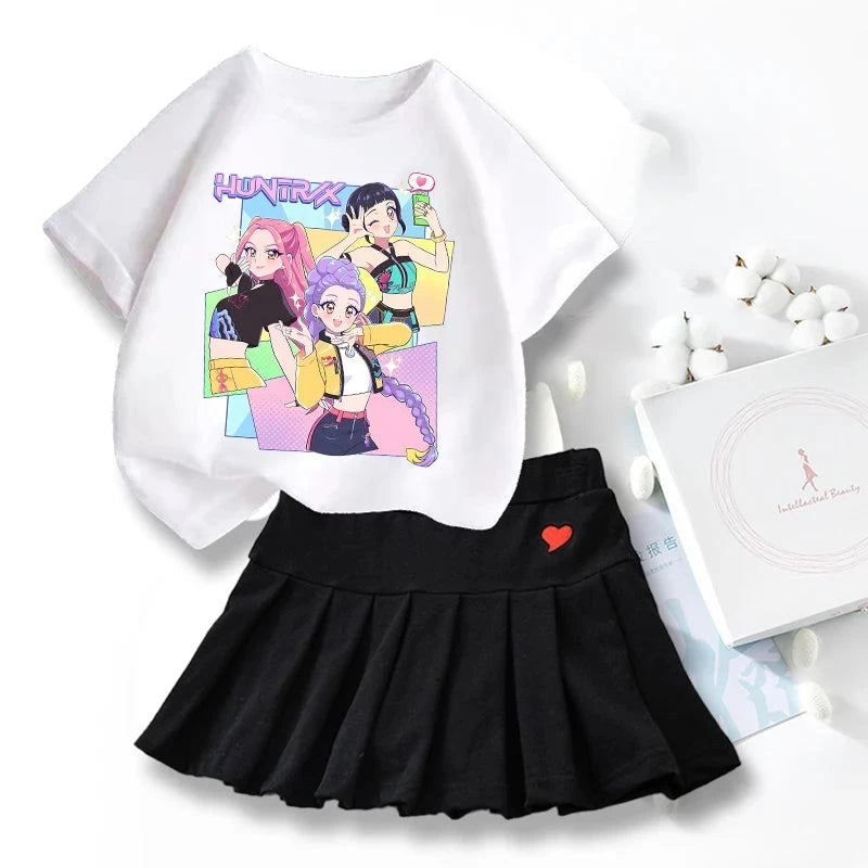 New K Pop Demon Hunters T-shirts Skirt Set Kawaii Cartoon Graphic T-shirt Kids Casual Short Sleeves Tops Summer Girl Clothes GlowCart
