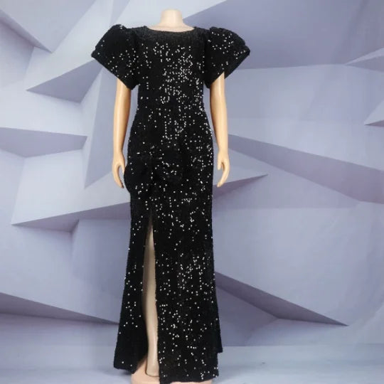 CM.YAYA Women Short Sleeve O-neck High Side Split Sequined Bodycon Midi Maxi Dress 2023 Sexy Party Birthday Long Dresses Vestido GlowCart