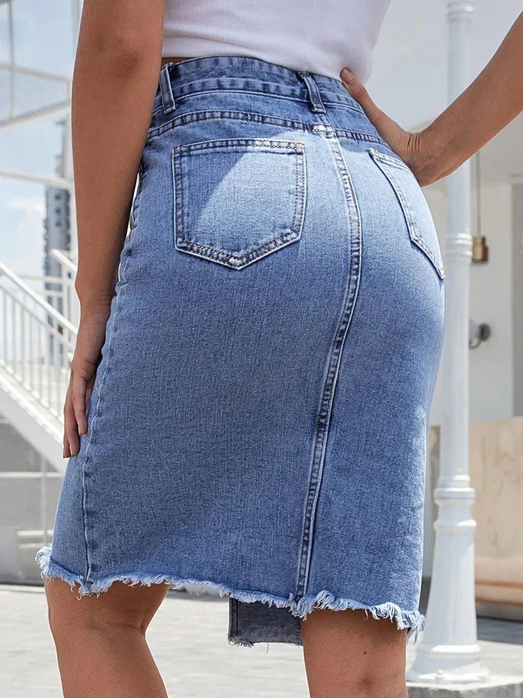 Zipper Fly Raw Hem Split Denim Skirt Women Spring and Summer High Waist Jeans Skirt Female Casual Bodycon Midi Skirts GlowCart