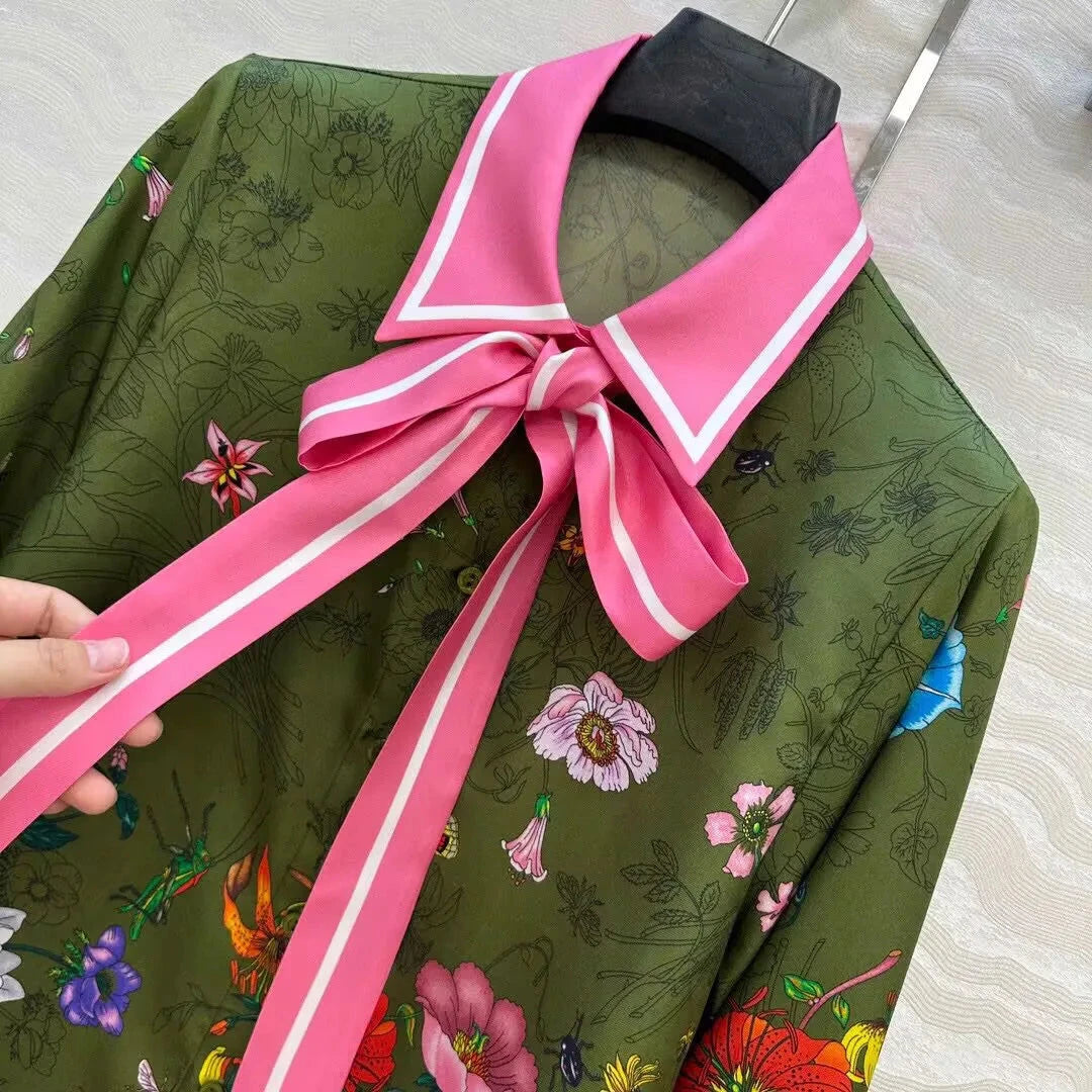 Vintage Floral Print 100% Twill Silk Shirt Women Lapel GlowCart