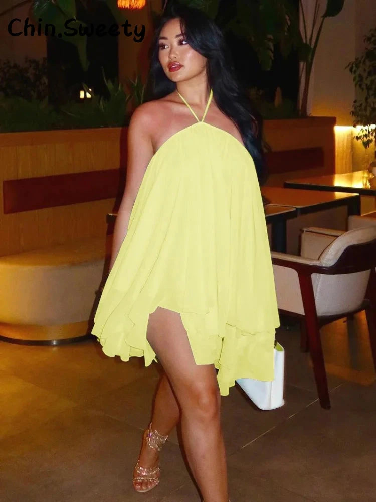 Elegant Halter Ruffles Short Dress Women Loose Solid GlowCart